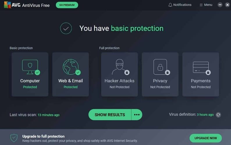 واجهة AVG AntiVirus Free على الكمبيوتر أثناء بدء فحص الفيروسات
