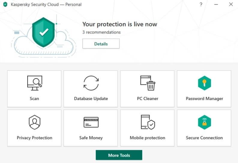 واجهة برنامج Kaspersky Security Cloud Free الرئيسية على الكمبيوتر