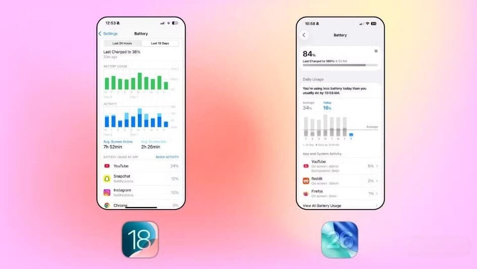 مقارنة عمر البطارية بعد الترقية من iOS 18 إلى iOS 26