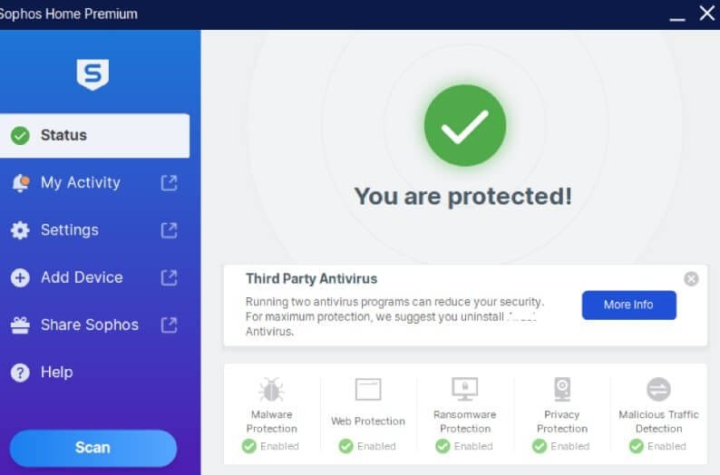 واجهة برنامج Sophos Home Free الذي يقدم حماية شاملة ومتكاملة
