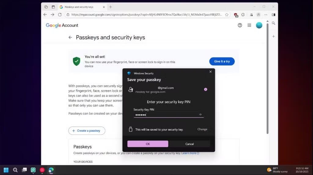 شاشة التحقق بخطوتين في Google أثناء اختيار خيار “إضافة مفتاح أمان جديد” ضمن إعدادات الأمان.