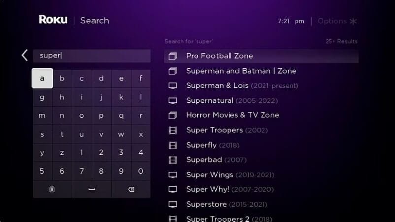 شاشة البحث في جهاز Roku تعرض نتائج موحدة من تطبيقات مختلفة مثل Netflix وHulu