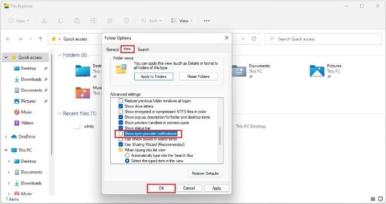 صورة توضح إلغاء تفعيل إشعارات موفري المزامنة في مستكشف الملفات لإيقاف إعلانات OneDrive.