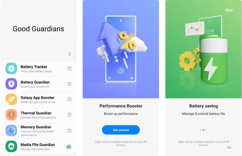 شاشة تطبيق Good Guardians على هاتف سامسونج تُظهر أدوات تحسين الأداء وعمر البطارية وتنظيف الذاكرة.