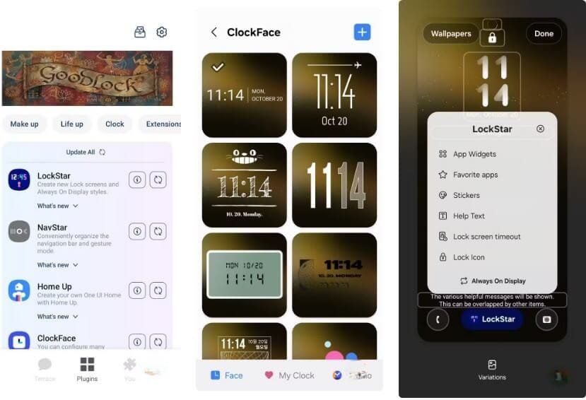 واجهة تطبيق Good Lock على هاتف سامسونج تُظهر وحدات التخصيص مثل RegiStar وClockFace لتعديل الشكل وطريقة التفاعل مع النظام.