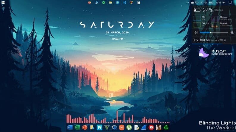 سطح مكتب ويندوز 11 مزود بعناصر واجهة Rainmeter المخصصة مثل الساعة والتقويم وأدوات النظام