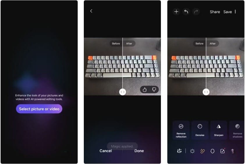 واجهة تطبيق Galaxy Enhance-X على هاتف سامسونج تُظهر أدوات الذكاء الاصطناعي لتحسين الصور تلقائيًا بجودة احترافية.