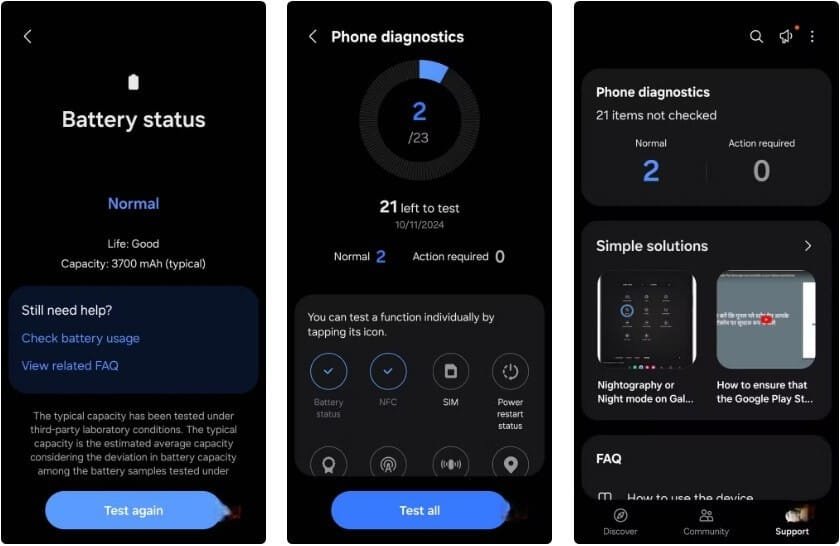 واجهة تطبيق Samsung Members تُظهر اختبارات تشخيص الهاتف ودعم المستخدمين وفحص المكونات مثل البطارية والشبكة.