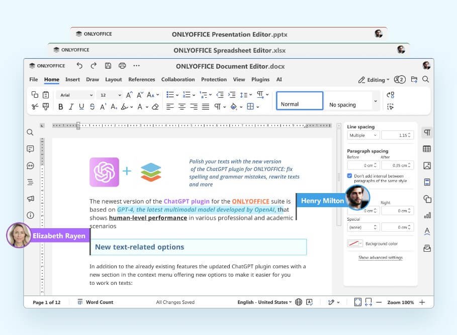 واجهة ONLYOFFICE Docs التي تجمع بين محرر المستندات وجداول البيانات والعروض التقديمية بتصميم عصري وسهل الاستخدام يدعم اللغة العربية.