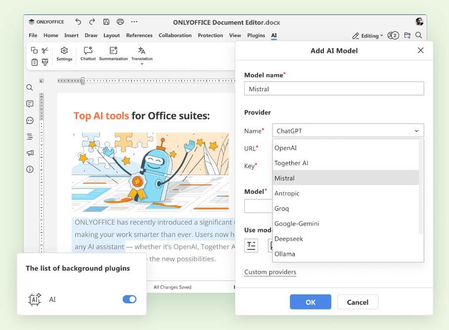 ميزة Add AI Model في ONLYOFFICE Docs لدمج الذكاء الاصطناعي داخل محرر المستندات لتحسين الكتابة والتحليل وتوليد النصوص الذكية أونلاين.