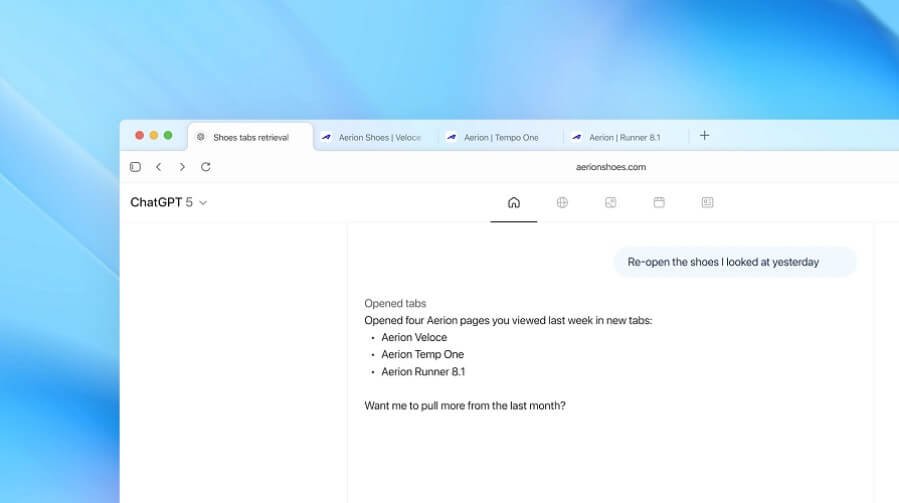 لقطة شاشة توضح واجهة متصفح ChatGPT Atlas الجديد من OpenAI على أجهزة ماك، مع دمج الذكاء الاصطناعي في شريط التصفح.