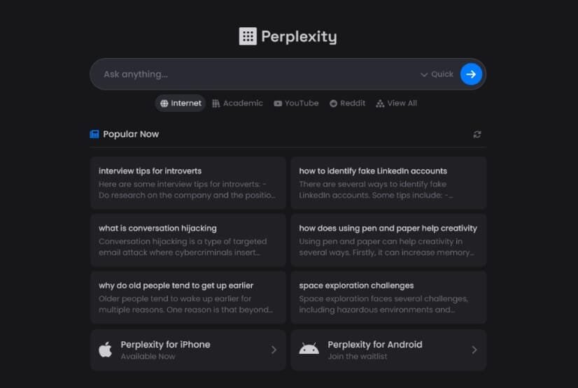 لقطة شاشة تبيّن مجموعة أدوات Perplexity AI التي تساعد المستخدم في البحث وتحليل المعلومات بشكل دقيق وسريع