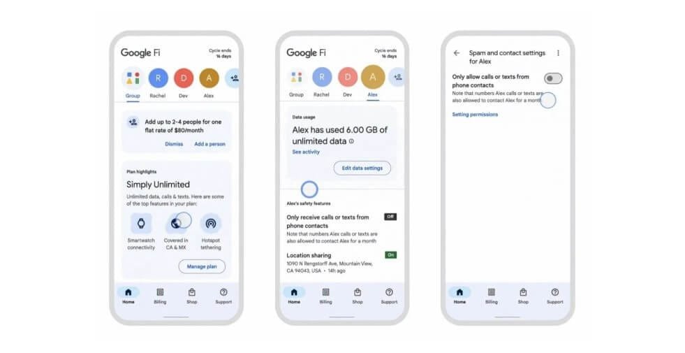 واجهة تطبيق خدمة Google Fi الجديدة تُظهر تصميمًا حديثًا وإعدادات الاتصال الذكية للمكالمات والرسائل.