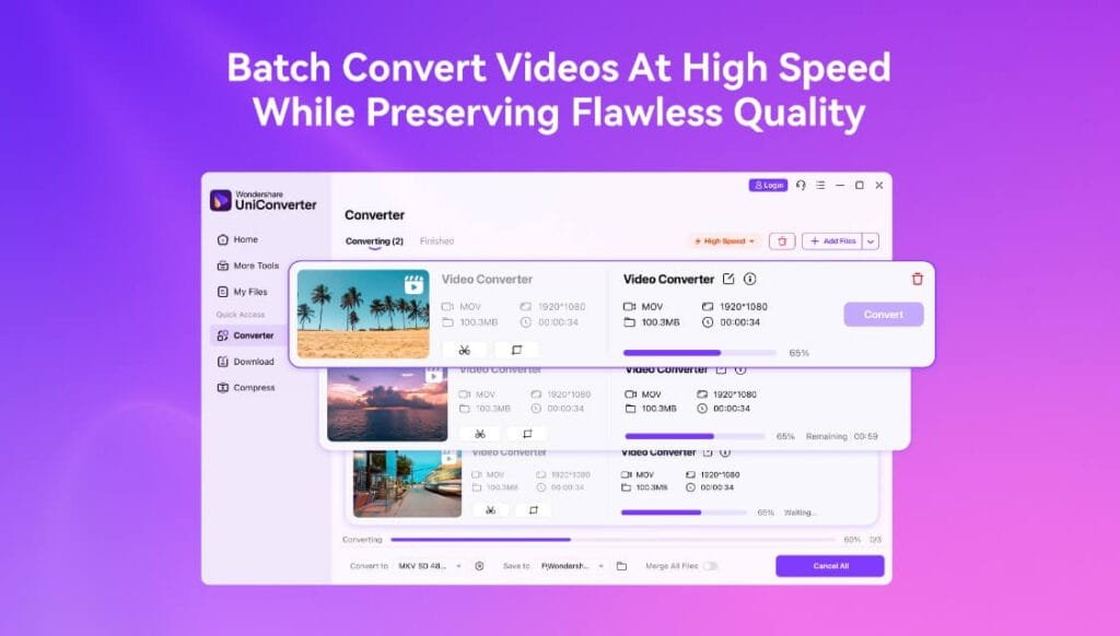 شاشة البرنامج أثناء عملية تحويل الفيديو، مع عرض التقدم وخيارات التحويل المختلفة بواجهة واضحة وسهلة الاستخدام.