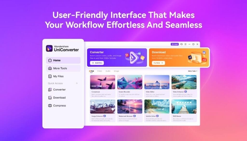 واجهة Wondershare UniConverter الرئيسية تعرض الأدوات المتنوعة لإدارة الملفات وتحويل الفيديو بسهولة على الكمبيوتر.