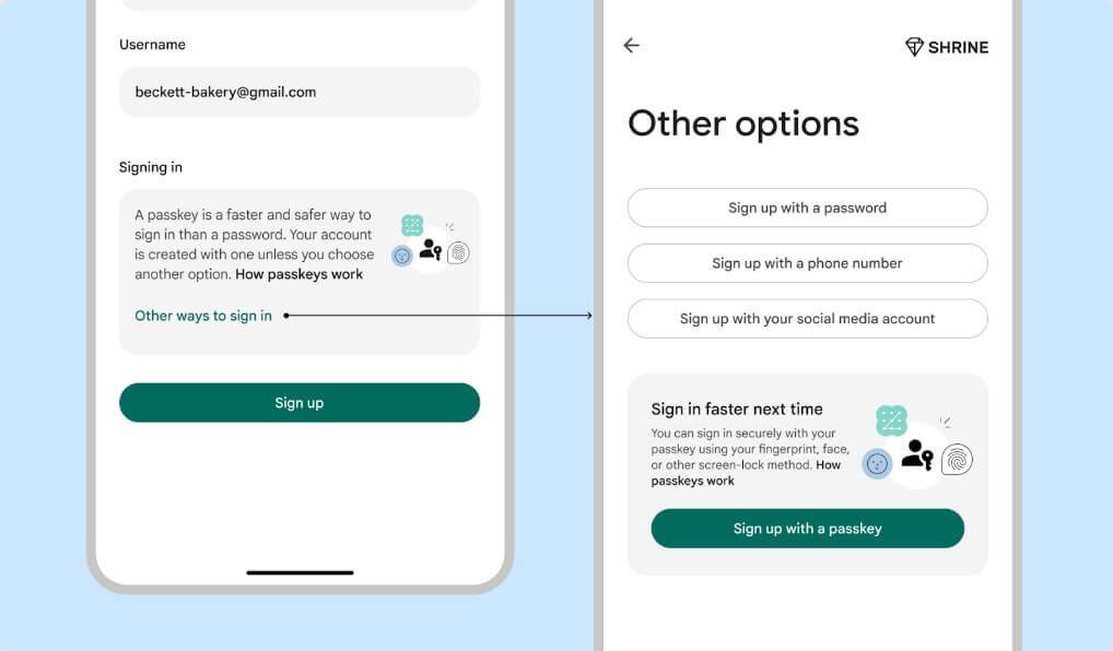 عرض خيار تسجيل الدخول بالبديل الآمن لكلمات المرور (Passkeys) في صفحة الدخول إلى الموقع.