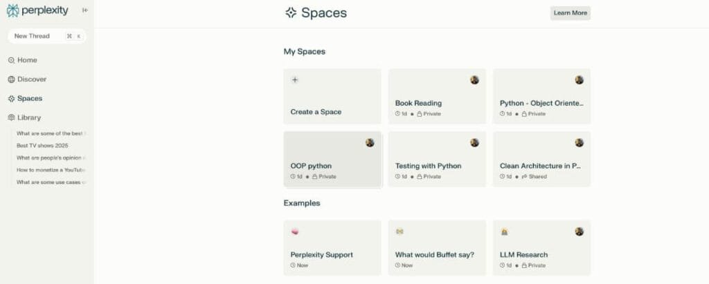 لوحة تحكم ميزة Spaces في Perplexity AI لتنظيم المشاريع مع إعداد تعليمات مخصصة لكل مساحة عمل.