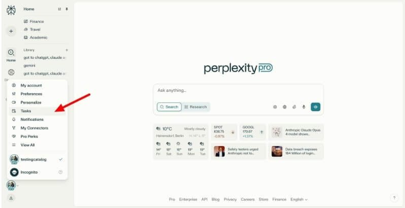 شاشة ميزة المهام المجدولة في Perplexity AI تُظهر إعداد عمليات بحث يومية تلقائية.