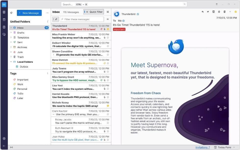 واجهة تطبيق Thunderbird على الحاسوب تُظهر تنظيم البريد الوارد والمجلدات بطريقة احترافية وسريعة، وهو أحد أقوى بدائل Outlook المجانية