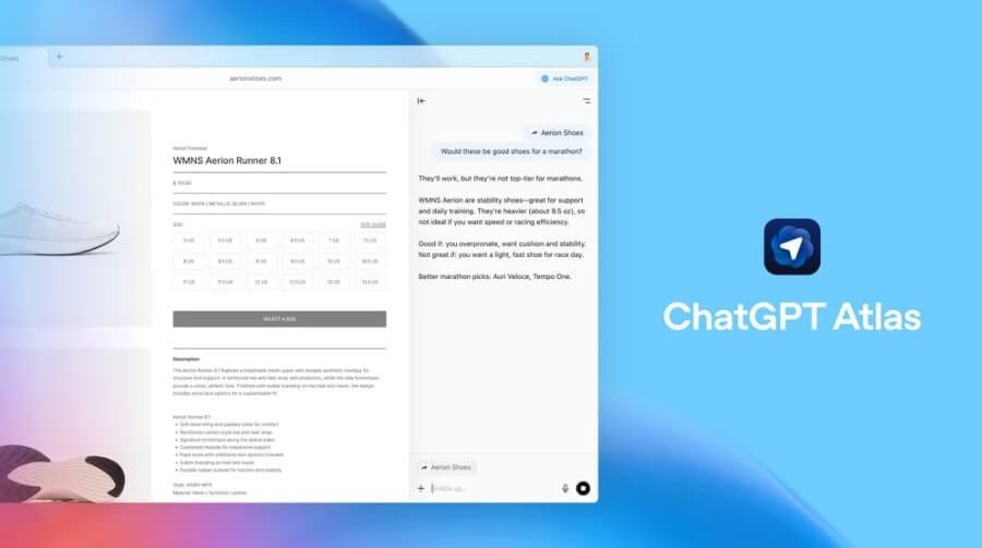 عرض لخاصية المحادثة الذكية داخل متصفح ChatGPT Atlas، التي تتيح للمستخدم التفاعل المباشر مع ChatGPT أثناء التصفح.
