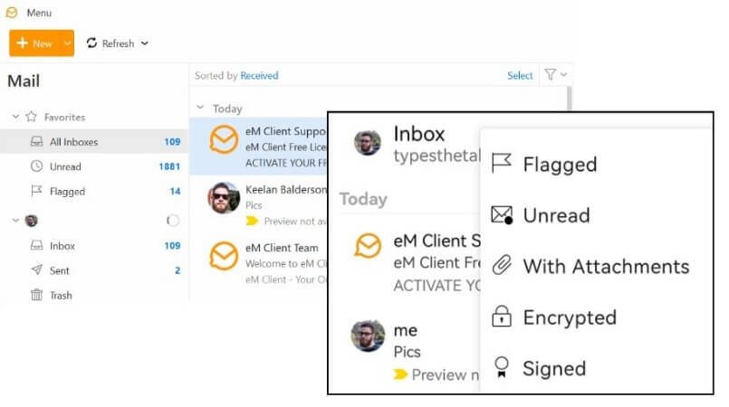 واجهة تطبيق eM Client على الحاسوب تُظهر تكامله المتقدم مع البريد والتقويم والمهام في تصميم بسيط وسريع.