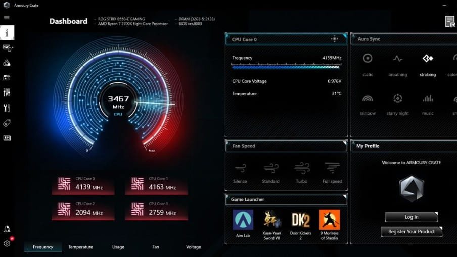 واجهة برنامج ASUS Armoury Crate تُظهر إعدادات Fan Xpert لضبط سرعة المراوح في الحاسوب لتقليل الضجيج وتحسين التبريد.