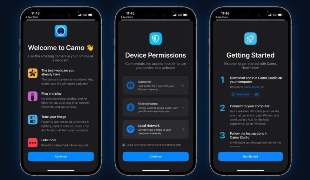 لقطة شاشة لتطبيق Camo Studio توضح استخدام كاميرا الآيفون ككاميرا ويب على جهاز كمبيوتر بنظام ويندوز، مع عرض جودة الصورة في تطبيق الاجتماعات.