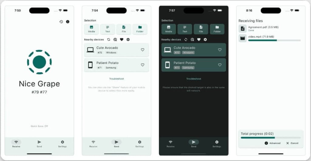 لقطة شاشة لتطبيق LocalSend تُظهر واجهة إرسال الملفات بين آيفون وجهاز كمبيوتر يعمل بنظام ويندوز عبر شبكة Wi-Fi، مع عرض قائمة الملفات الجاهزة للنقل مثل الصور والمستندات.