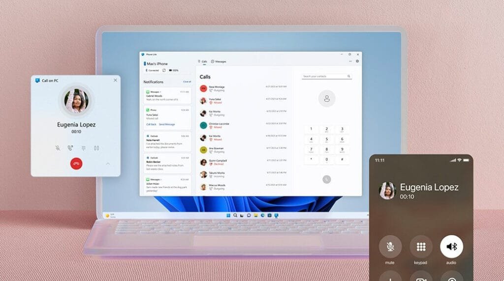 صورة تعرض تطبيق Phone Link من مايكروسوفت أثناء عرض إشعارات ورسائل iMessage من الآيفون على شاشة كمبيوتر ويندوز، بالإضافة إلى خيار إجراء المكالمات مباشرة من الجهاز.