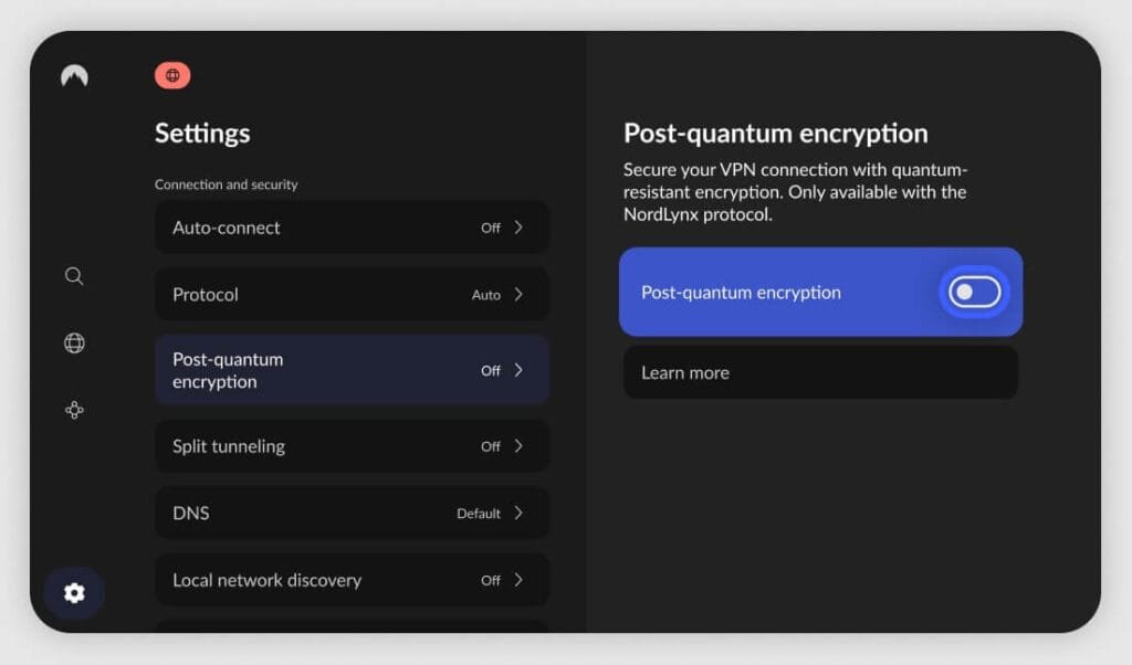إعدادات VPN ما بعد التشفير الكمي في واجهة المستخدم توضح خيارات الحماية المتقدمة ضد الحوسبة الكمية.