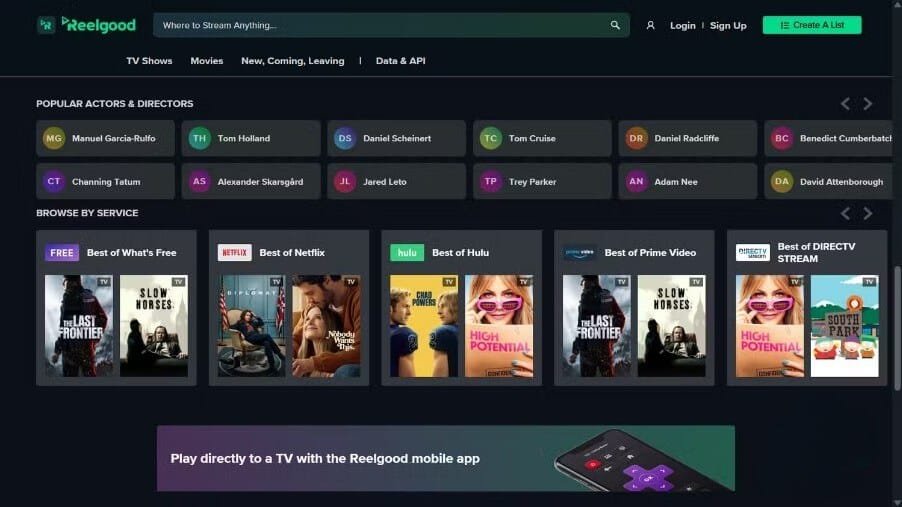 واجهة موقع Reelgood الرئيسية التي تعرض منصات البث وخيارات الأفلام على نتفليكس