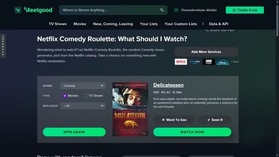 تبويب اختيار الأفلام في أداة Reelgood Roulette مع فلاتر التصنيف والتقييم