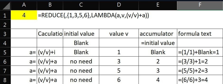 لقطة شاشة توضح مثالًا عمليًا على استخدام دالة REDUCE في Excel لحساب مجموع القيم داخل جدول بيانات، مع عرض المعادلة في شريط الصيغ.